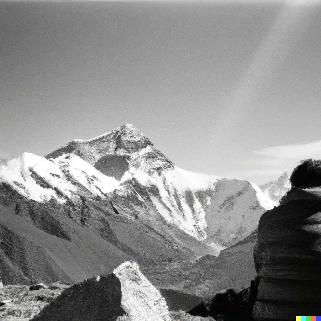 someone gazing at Mount Everest, photograph taken on Ilford Delta 400 film